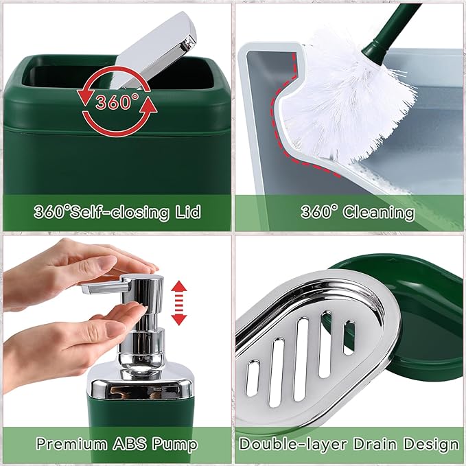 XLHOMO Dark Green Bathroom Accessories Set with Shower Curtain and No-Slip Bath Rugs,24PC Bath Sets with Trash Can, Toothbrush Holder, Cup, Soap Dispenser, Tray, Soap Dish, Toilet Brush, Qtip Holders