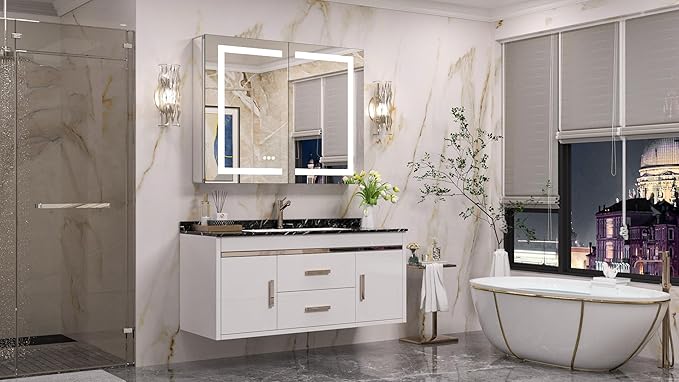Keonjinn 36x30 Inch Lighted Medicine Cabinet with Mirror, Medicine Cabinet with Lights 3 Color Dimmable with Defogger and Outlets, UL Listed, Tempered Glass Recessed/Wall Mounted Mirror with Storage