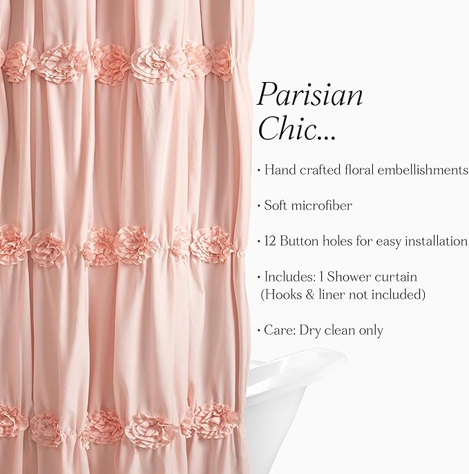 Lush Decor Darla Shower Curtain Single 72" W x 72" L Blush - Flower Fabric Shower Curtains for Bathroom - Coquette Bathroom Curtain - Vintage Decor