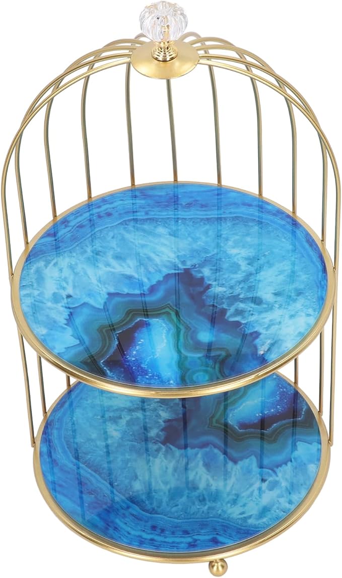Double Layer Storage Shelf Bird Cage Organizer Display Rack for Bathroom Countertop Dressing Table Gold Frame (Agate Stone Pattern)