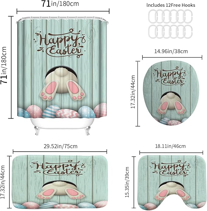4Pcs Blue Easter Shower Curtain Sets with Rugs, Easter Peeps Shower Curtains for Bathroom Decor Set, Waterproof Easter Bunny Bathroom Curtains Shower Set,12 pcs Hooks, 71 x 71in