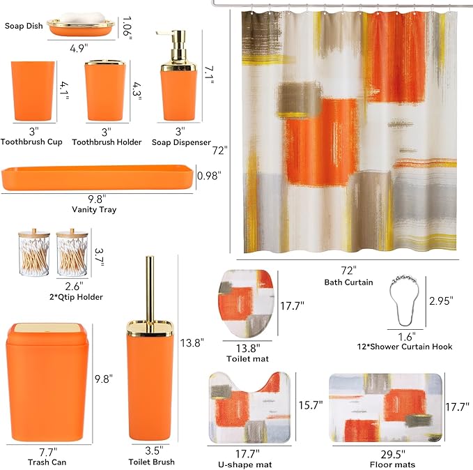 XLHOMO Bathroom Accessories Set - 25PC Bathroom Set with Shower Curtain and Rugs, Orange Bathroom Set, Bathroom Accessory Set with Press-on Lid Trash Can, Soap Dispenser and Qtip Holders