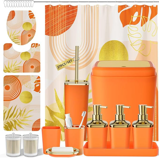Bathroom Accessories Set - 27PC Bathroom Sets with Shower Curtain and Rugs, Orange Bathroom Set, Orange Bathroom Accessory Set with Trash Can, Toilet Brush & 3 PC Soap Dispensers