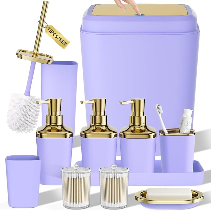 Bathroom Set — Bathroom Accessories Set, 11PC Bathroom Accessory Set, Purple Bathroom Set with Push-lid Trash Can, 3PC Soap Dispensers, Toilet Brush & Qtip Holders