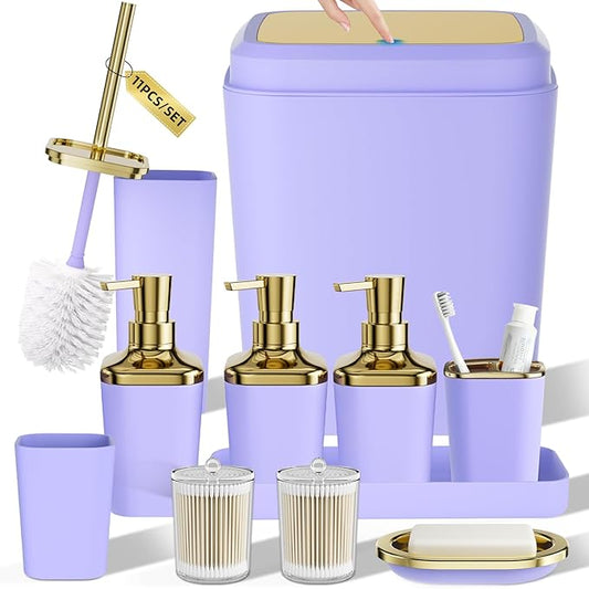 Bathroom Set — Bathroom Accessories Set, 11PC Bathroom Accessory Set, Purple Bathroom Set with Push-lid Trash Can, 3PC Soap Dispensers, Toilet Brush & Qtip Holders