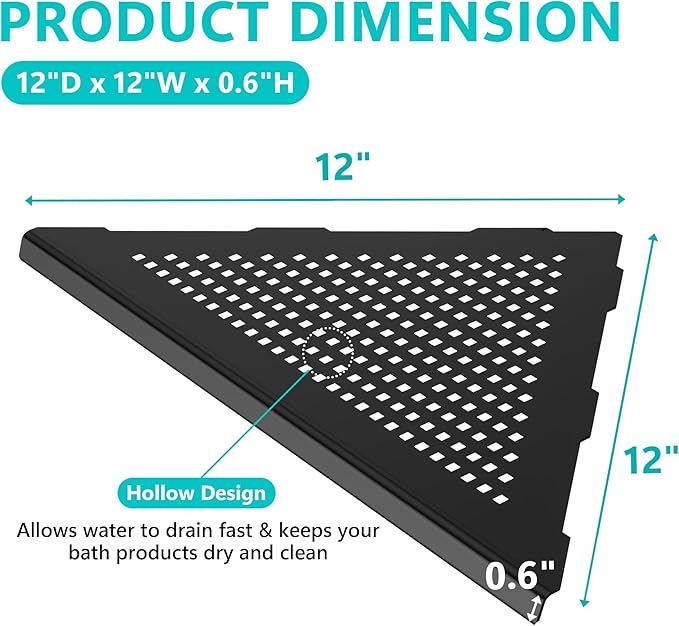 Qeke Bathroom Corner Shelf, Recessed 12" Shower Shelf Caddy, SUS304 Stainless Steel Shelf Wall Mount Triangular, No Drilling, Matte Black