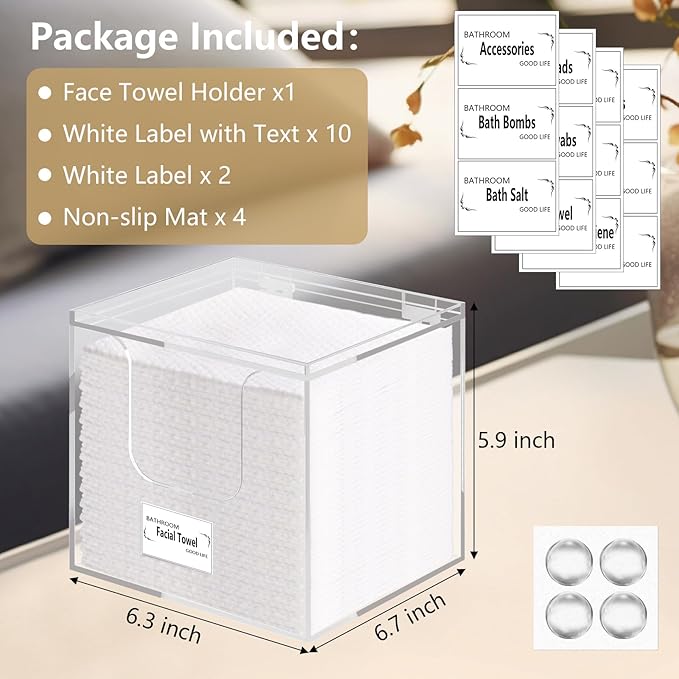 Facial Towel Holder – Disposable Face Towel Acrylic Storage Box for Bathroom, Clean Skin Club Box with Non-Slip Pads, Holds XL Clean Towels (Excluding Facial Towels) (Ready to use)