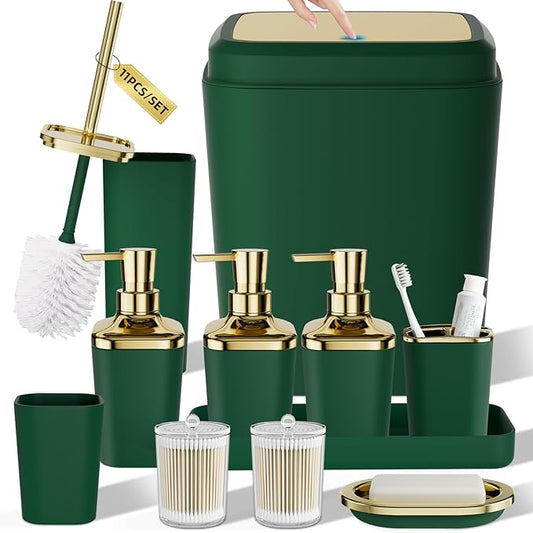 Bathroom Set — Green Bathroom Accessories Set, 11PC Bathroom Accessory Set, Green Bathroom Set with Push-lid Trash Can, 3PC Soap Dispensers, Toilet Brush & Qtip Holders