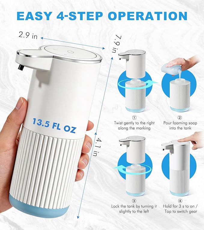 RYTOXILO Automatic Foaming Soap Dispenser, 2 Pack White Touchless Foam Hand Soap Dispenser Bathroom, 13.5 Fl Oz Plastic Electric Auto Foaming Dish Soap Dispensers Wall Mount for Kitchen