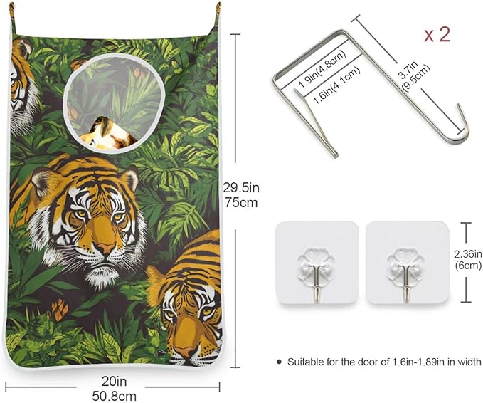 Hanging Laundry Hamper with Stainless Steel Hooks,Oxford Fabric Printing Door Laundry Clothes Bag, 29.5X20inch 1PCS Taiger Green Plant