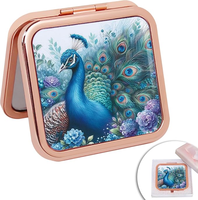Compact Mirror Travel Makeup Mirror Metal Pocket Cosmetic Mirrors Portable Handheld Beauty Mirror Folding Double-Sided Elegant Vanity Mirror for Men Women Purse Peacock