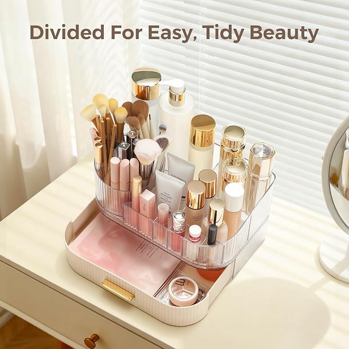 Delamu Makeup Organizer for Vanity with Stackable Drawers, 360 Rotating Makeup Brush Holder Large Cosmetic Display Case, Bathroom Skincare Storage, Elegant White, Ideal Gifts for Girls