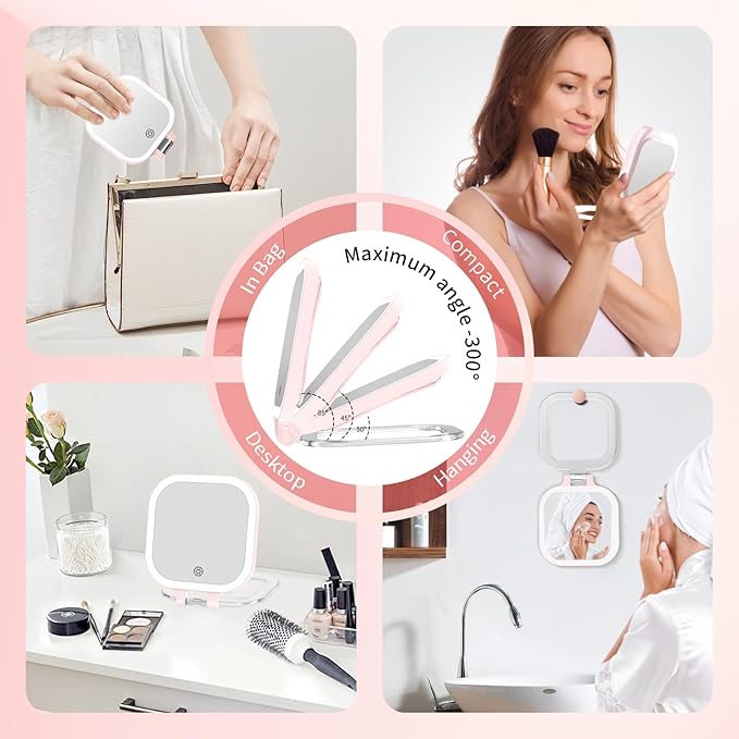 FASCINATE Compact Travel Makeup Mirror with Lights and Magnification, 3.5 inch Portable 1X/30X Magnifying Mirror with 3 Color Light, Folding, Handheld (Pink)