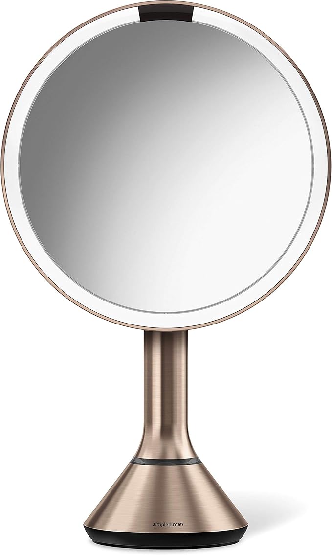 simplehuman 8" Round Sensor Makeup Mirror with Touch-Control Brightness 5X Magnification, Rechargeable and Cordless, Rose Gold Stainless Steel