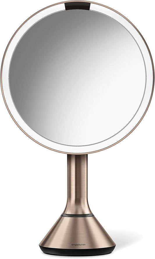 simplehuman 8" Round Sensor Makeup Mirror with Touch-Control Brightness 5X Magnification, Rechargeable and Cordless, Rose Gold Stainless Steel