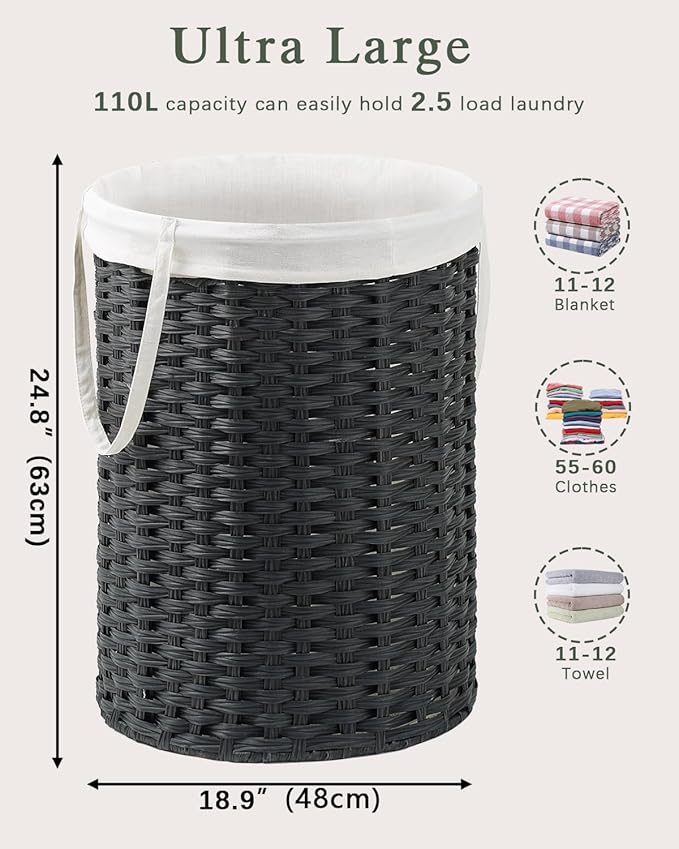 SETVSON Laundry Basket Round Rattan Laundry Hamper 29.1 Gal(110 L) Handwoven Large Wicker Basket with Handles, Wicker Hamper with Removable Bags and 2 Mesh Bags for Bathroom Living Room Black(No Lid)