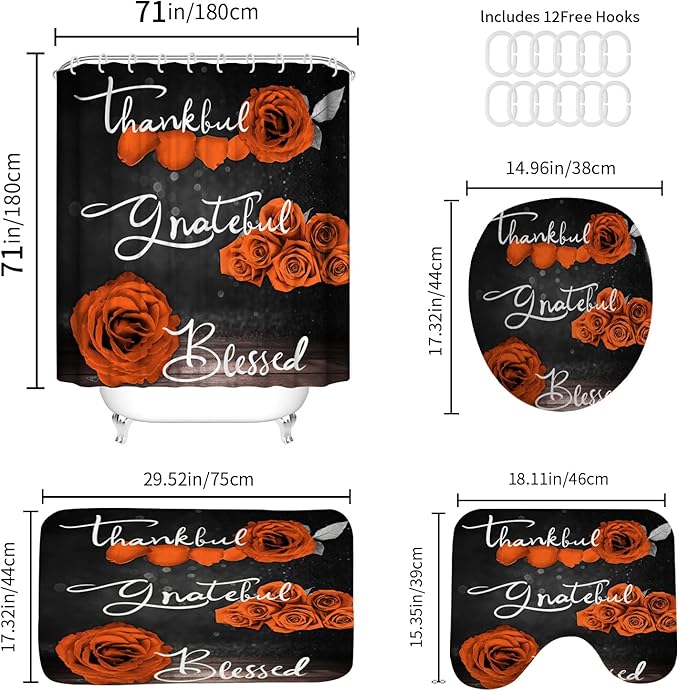 Onalasyc 4Pcs Orange Rose Shower Curtain Set with Rugs Waterproof Bathroom Sets with Shower Curtain and Rugs Romantic Rose Floral, Thankful Grateful Blessed Bathroom Curtains Shower Set,with 12 Hooks