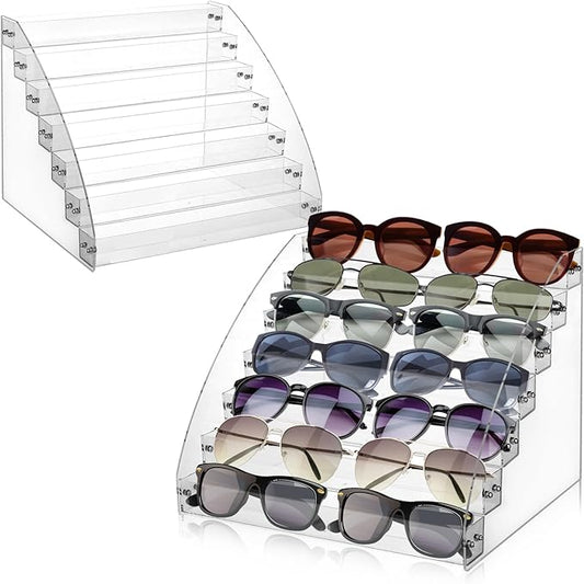 2 Pack 7 Tier Sunglass Organizer Stand, Versatile Acrylic Sunglass Holder Display Stand Sunglass Storage Tray for Highlighting Glasses Makeup Nail Polish Graded Cards