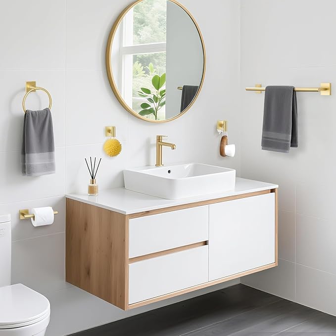 TURS Brushed Gold 5 Piece Bathroom Hardware Accessories Set, SUS304 Stainless Steel Bath Towel Bar Set, 24 Inch Round Bathroom Towel Holder Set Wall Mounted