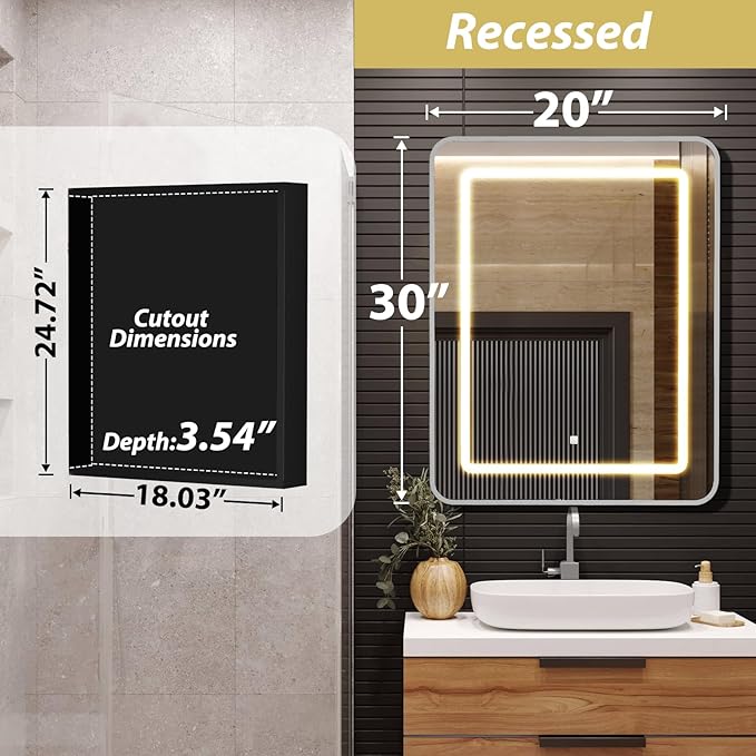 ROOMTEC Lighted Medicine Cabinet with Mirror 20"x30", Wall Mounted Bathroom Mirror with Storage, Single Doors Bathroom Wall Cabinet with LED Lights,Silver