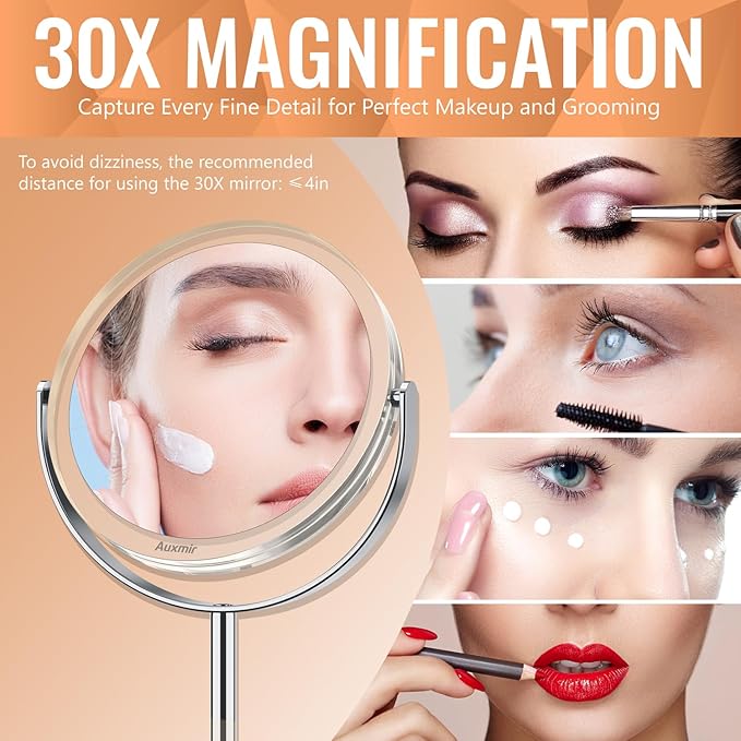 Auxmir 1X/ 30X Magnifying Mirror, Double Sided Makeup Mirror with Stand, Vanity Tabletop Mirror with Tweezer, 360° Rotation Portable for Dressing Table Desk Bathroom Bedroom Travel, 8 Inch