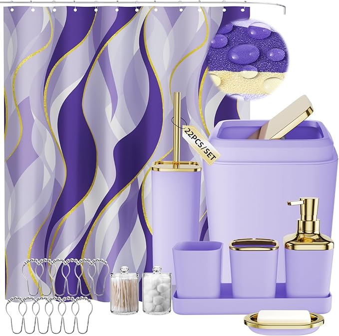 XLHOMO Purple Bathroom Accessories, Bathroom Sets with Stripe Shower Curtain, Purple and Gold Bathroom Accessories Set with Trash Can, Soap Dispenser, Soap Dish, Qtip Holders for Bathroom