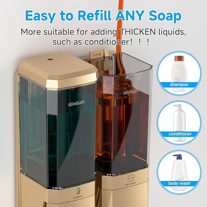 Shampoo and Conditioner Dispenser,Shower Dispenser 2 Chamber No Drill Shampoo Dispenser for Shower Wall Mounted Shower Soap Dispenser for Bathroom Hotel,Large Capacity 2 * 500ML,Gold