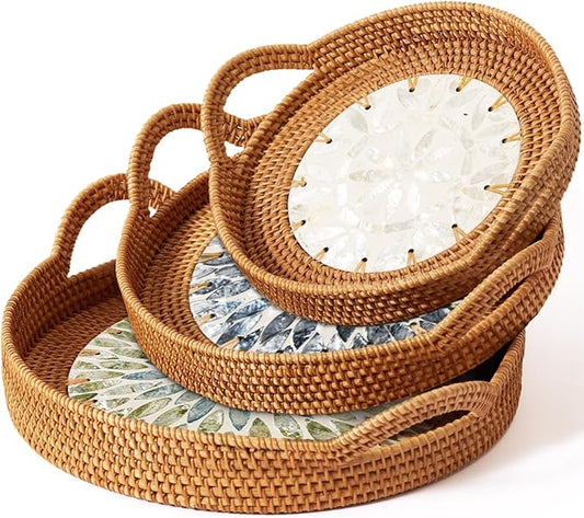 Mothers Day Gifts Set – 3 Handwoven Rattan Trays with Natural Shell Inlay, Boho Decorative Wicker Serving & Coffee Table Trays with Handles for Home Decor, Candles, Snacks & Holiday Entertaining