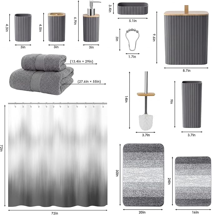 Bathroom Accessories Set - Bathroom Set with Shower Curtain and No Slip Rugs, Trash Can, Toilet Brush Holder Set, Soap Dispenser & Bath Towels - Stylish Bath Decor for Home, Apartment, Grey, 25PCS