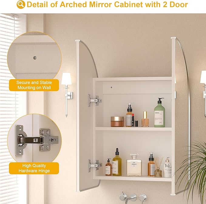 Arched Medicine Cabinet with Mirror,Silver Bathroom Mirror Cabinet,24x28 Mirrored Medicine Cabinets for Bathroom Mirror with Storage,Wall Mounted Medicine Cabinets,botiquines de baño