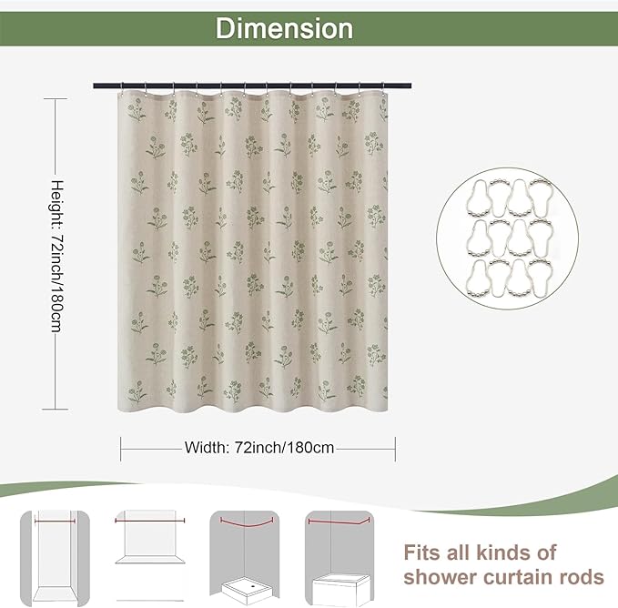 ORTIGIA Linen Shower Curtain Farmhouse Vintage Floral Shower Curtains Sage Green Boho Rustic Curtains Block Print Cottagecore Decor for Bathroom 72 W x 72 L