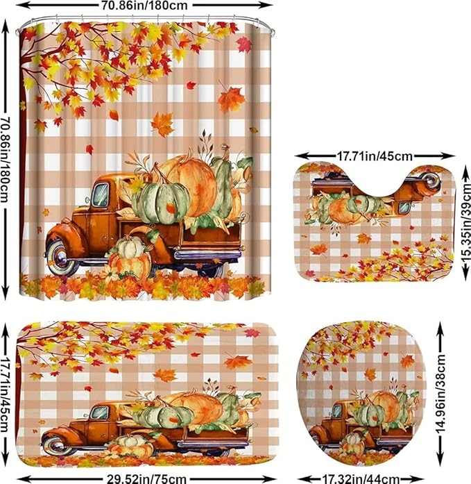 NBVKO 4PCS Fall Thanksgiving Day Shower Curtain，Autumn Pumpkin Truck Bathroom Shower Curtain Set with Non-Slip Rug Toilet Lid Cover Bath Mat 12 Hooks，Orange Maple Leaf Bathroom Decor Accessory Set