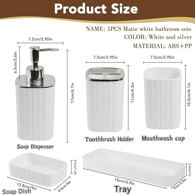 Bathroom Accessories Set 5pcs- Bathroom Set, Plastic Bathroom Accessory Sets with Lotion Soap Dispenser, Soap Dish, Toothbrush Holder, Toothbrush Cup, Vanity Tray, Boho, Modern Bathroom Decor, White