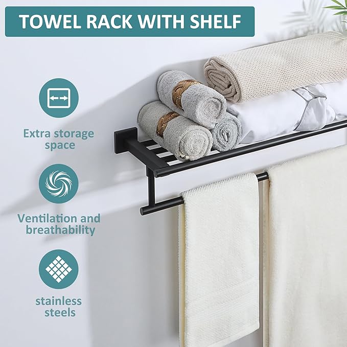 Alise 32 Inch Towel Racks for Bathroom Wall Mounted,Bathroom Towel Rack with Tower Bar,Double Towel Racks for Bathroom,SUS304 Stainless Steel Bathroom Towel Holder Matte Black
