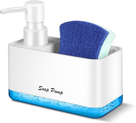 Dish Soap Dispenser with Sponge Holder, 2-in-1 Countertop Small Soap Dispenser for Kitchen and Bathroom, Multi-Scene for Dish Soap, Hand Soap, Lotion, Body Wash (White)