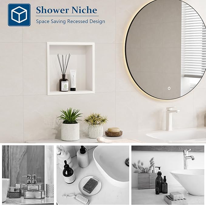 Neodrain Shower Niche, Insert Bathroom Storage Shower Shelf, Stainless Steel Recessed Wall Niche No Tiled Recessed Cabinet Waterproof for Shower Storage(White,12"x12")