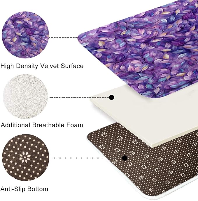 ArtSocket Purple Plant Leaves Bathroom Set with Shower Curtain and Bath Rugs and Accessories,Oil Painting Art Non-Slip Shower Curtain Set,Bathroom Decor 3 Pcs