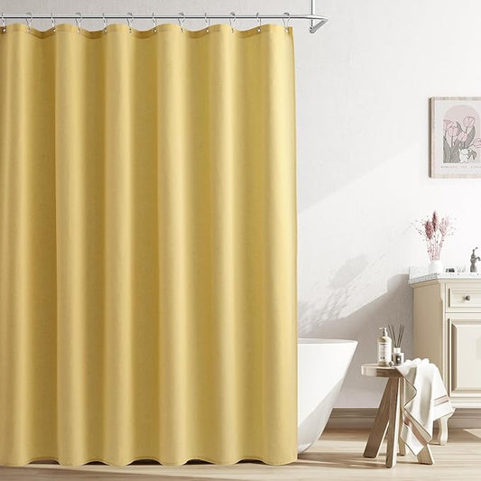 Naturoom Yellow Linen Shower Curtain, Country Boho Farmhouse Bath Decor Shower Curtains Neutral Cloth Weighted Textured Fabric Bath Curtain Liner with Hooks, 72x96