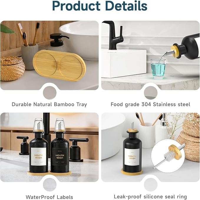 2PCS Black Glass Mouthwash Dispenser for Bathroom Countertop – 14oz/410ml Refillable Mouthwash Container with Glass Cup & Bamboo Tray, Modern Bathroom Decor for Home, Office, Airbnb (Black)