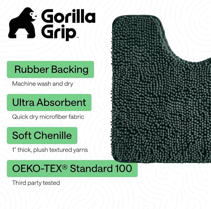 GORILLA GRIP Plush Absorbent Shaggy Chenille Bath Rug Mat for Oval Toilet Base with Rubber Backing, Machine Washable Rugs, Soft Microfiber Contour Mats for Toilets, Bathroom Decor, Hunter