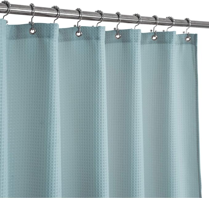 Barossa Design Stall Shower Curtain Fabric 36 x 72 Inch, Waffle Weave, Hotel Luxury Spa, 230 GSM Heavy Duty, Water Repellent, Blue Pique Pattern Decorative Bathroom Curtain