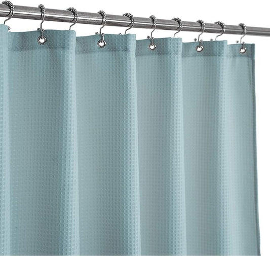 Barossa Design Stall Shower Curtain Fabric 36 x 72 Inch, Waffle Weave, Hotel Luxury Spa, 230 GSM Heavy Duty, Water Repellent, Blue Pique Pattern Decorative Bathroom Curtain