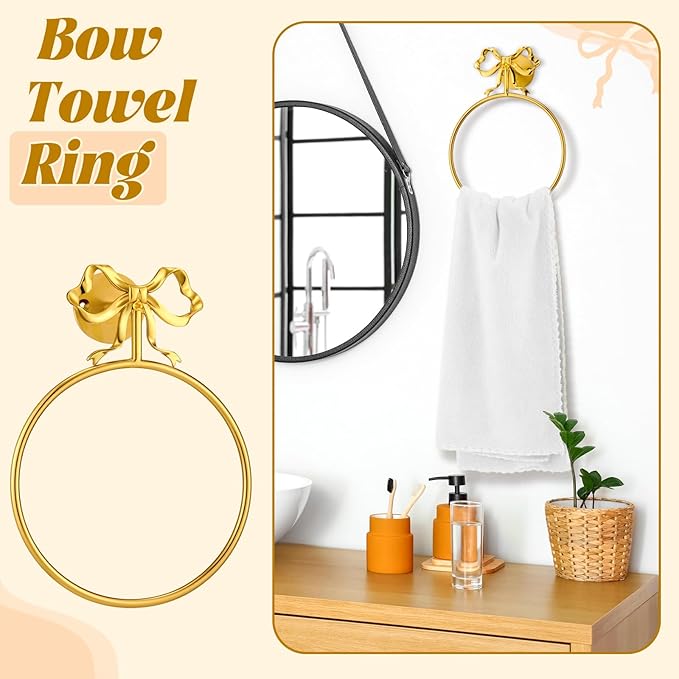 MorningRo Coquette Gold Bow Towel Holder Brass Gold Bow Hand Towel Ring Retro Bathroom Hardware Accessories Vintage Girly Wall Mount Hanger Ring for Room Bathroom Kitchen Decor