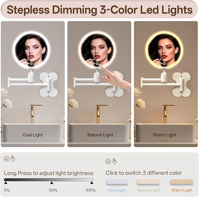 6" Led Wall Mounted Makeup Mirror Double Sided 1/10X, 1-Second Install Lightweight Compact Wall Mirror with Light, Rechargeable Extendable Magnifying Mirror for Bathroom, Wall Vanity Mirrors (1+10X)
