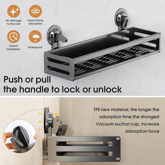 Shower Caddy Suction Cup, 15.7 inch 2 Pack Suction Shower Shelf with Hooks NO-Drilling Bathroom Holder, Rustproof Bathroom Organizer, Includes 2 Extra Suction Cups, Dark Grey