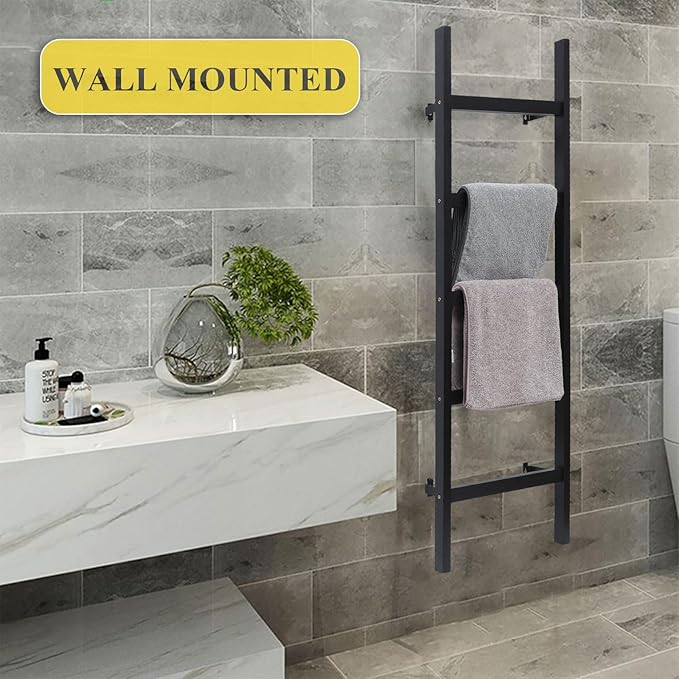 FUIN 57in Wall Mounted Wooden Blanket Ladder Living Room Decorative Farmhouse Quilt Display Holder Rustic Wood Towel Rack for Bathroom, Black