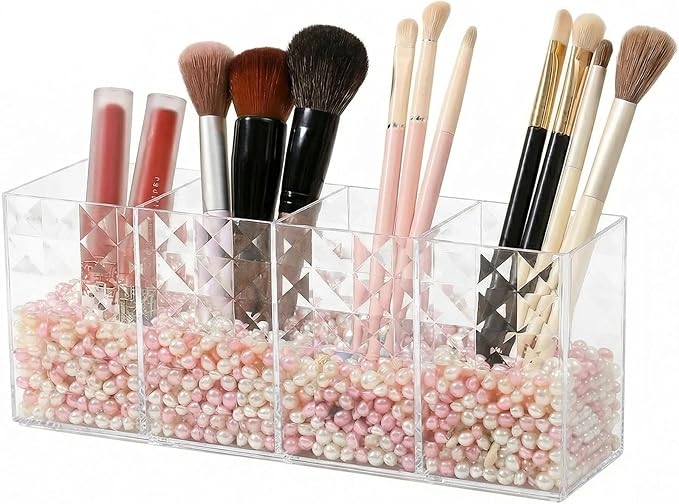 4 Compartment Makeup Brush Holder, Clear Cosmetic Organizer for Vanity, Multi-Function Pen Holder Makeup Storage Cup