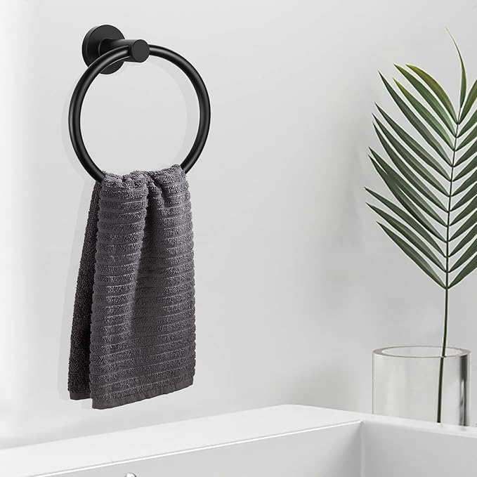 WOOPHEN Hand Towel Ring, Thicken Stainless Steel Bath Towel Holder Modern Round Towel Hanger Wall Mounted for Bathroom, Kitchen (Matte Black)