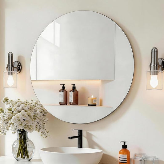 Round Bathroom Medicine Cabinet, 28 Inches Frameless Circle Mirrored Cabinet Wall Mounted Cabinet with Surface Mount Installation