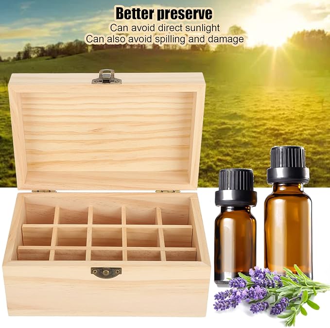 Agatige Essential Oil Storage Box Case, 15 Slot Essential Oil Box Aromatherapy Bottle Case Pine Display Fragrance Container Essential Oil Holder Organizer for Beauty Center Home Use